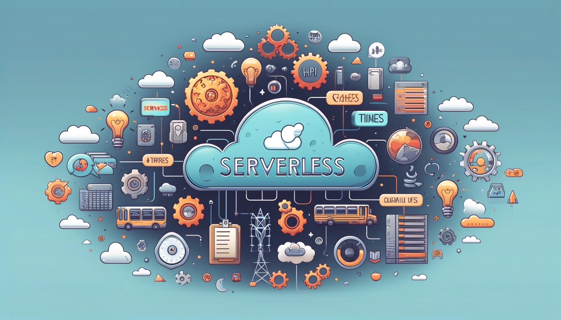 A conceptual illustration of serverless computing, featuring a cloud symbol filled with icons for HTTP calls, timers, and file uploads, representing the seamless integration of serverless API functions and highlighting the operational efficiency enabled by APILayer.