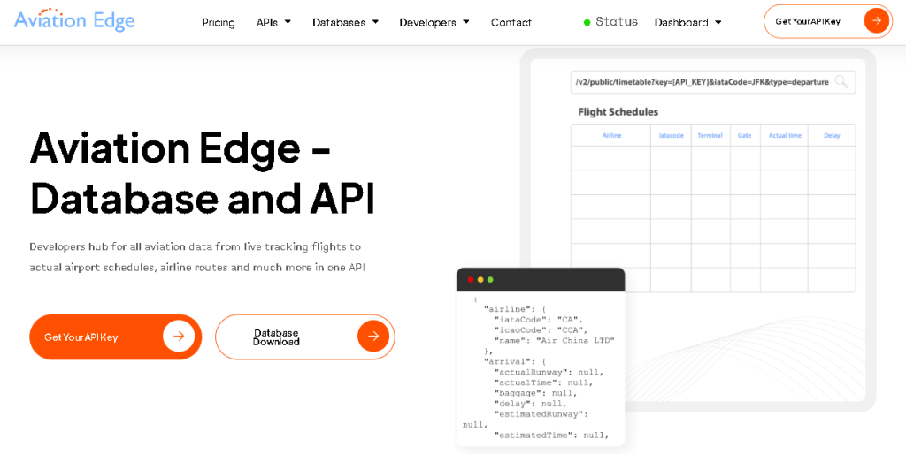 Screenshot of Aviation Edge homepage