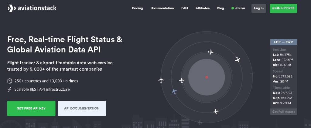 Screenshot of Aviationstack API homepage