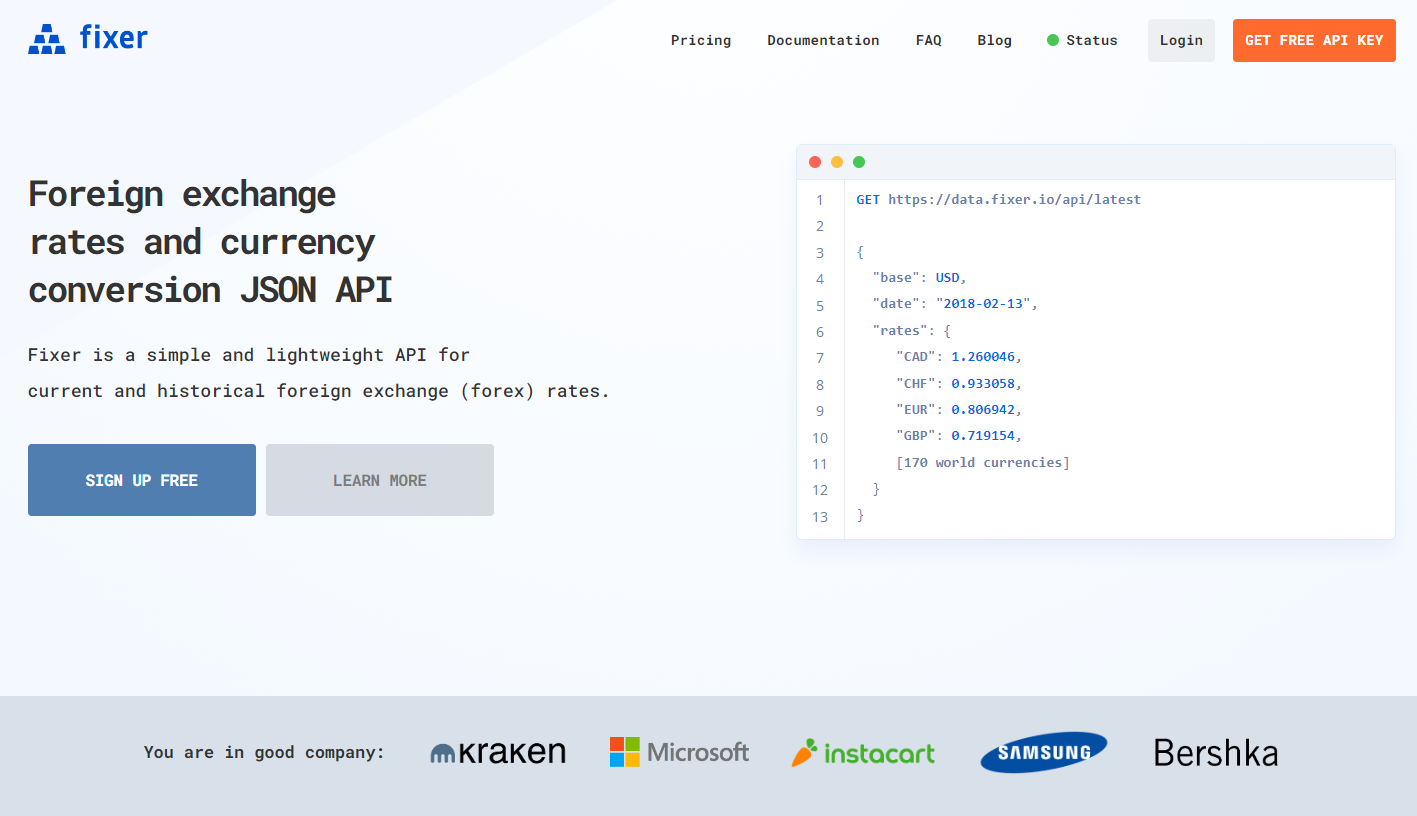 homepage of the fixer.io foreign exchange rates and currency conversion json api