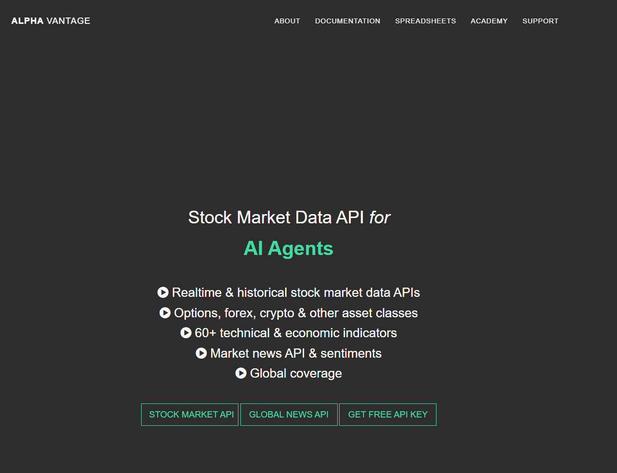 "Alpha Vantage API interface showing technical indicators and quantitative analysis tools