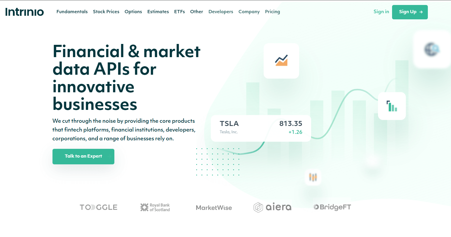 Intrinio API dashboard showcasing financial statements and valuation metrics for equity analysis