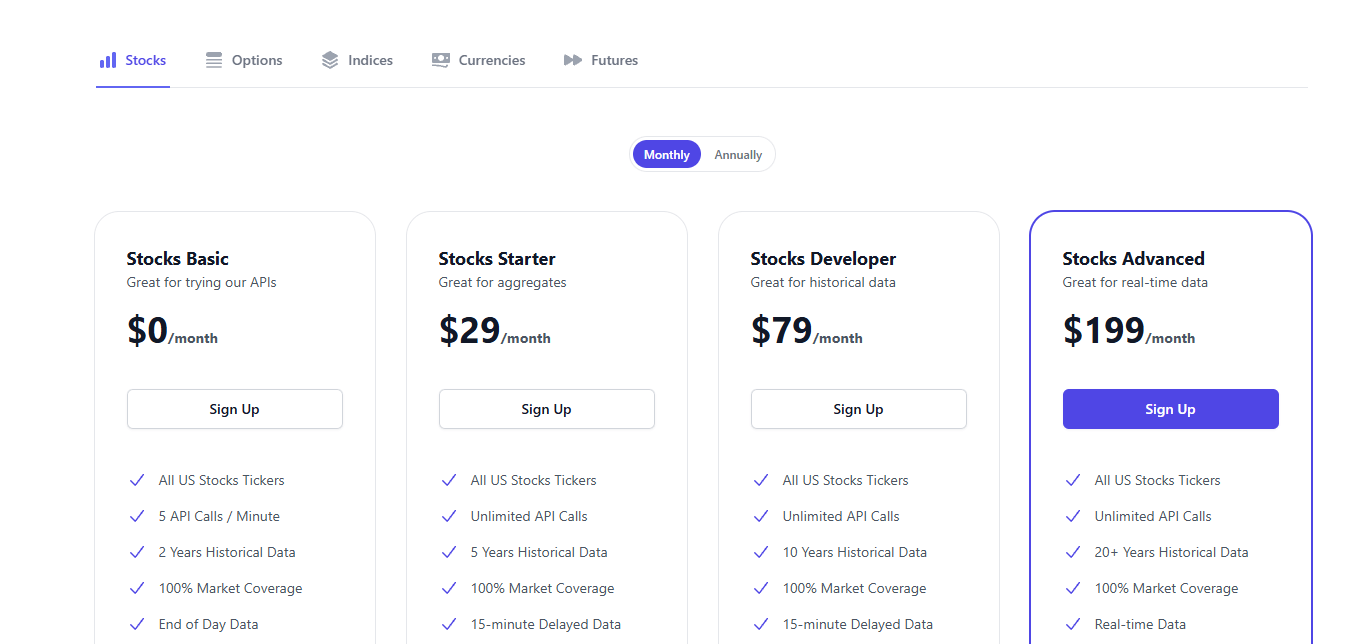 Polygon.io pricing tiers for individual and business users with increasing real-time data access