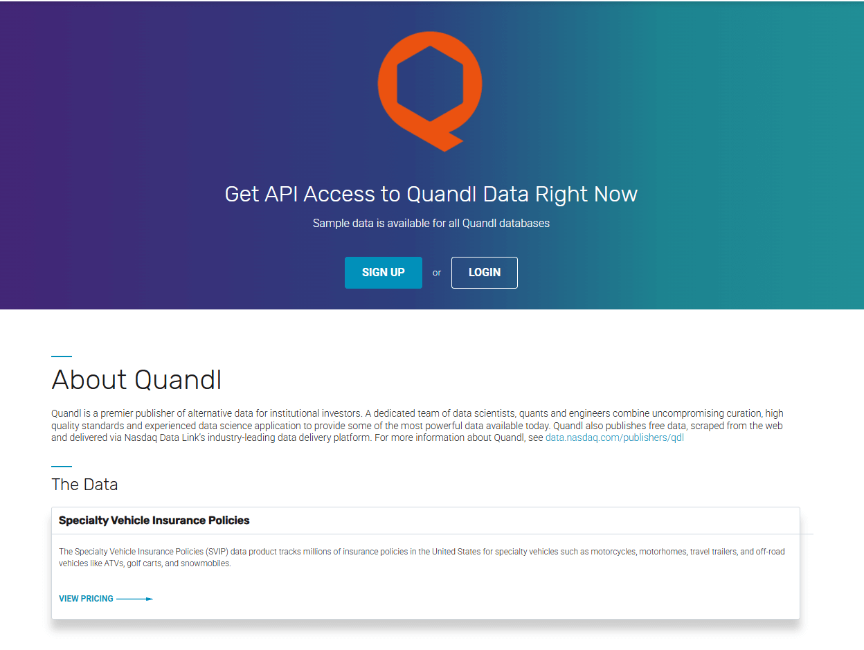 Quandl API by Nasdaq showing economic and alternative financial data sources