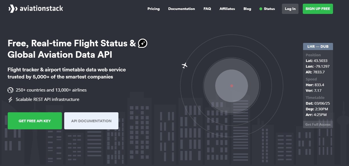 Aviationstack flight data API landing page image