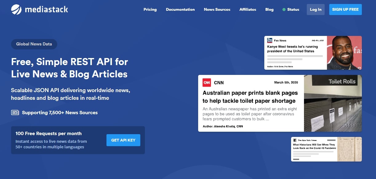 Mediastack live news api landing page image.