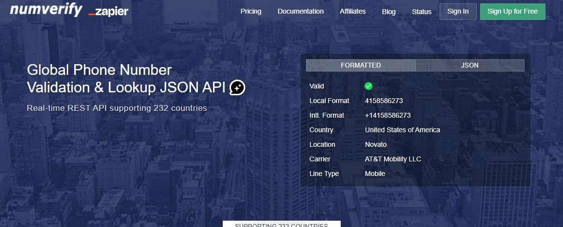 Numverify phone validation API landing page image.