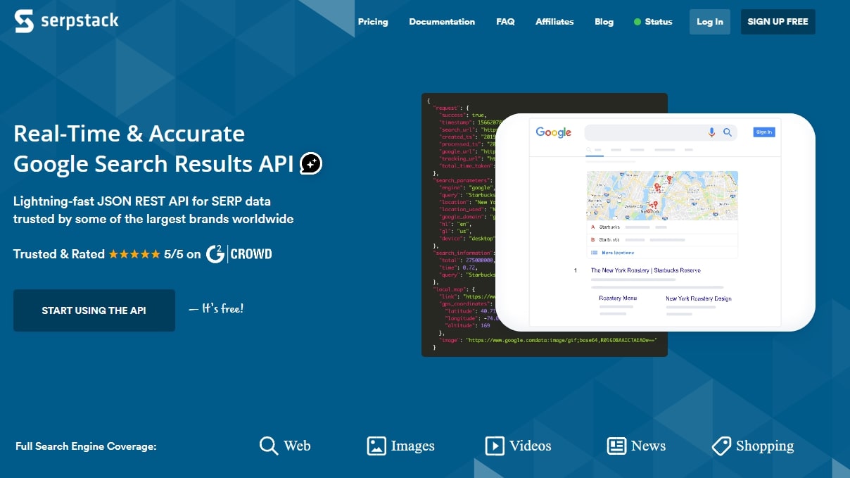 Serpstack google search results API landing page image.
