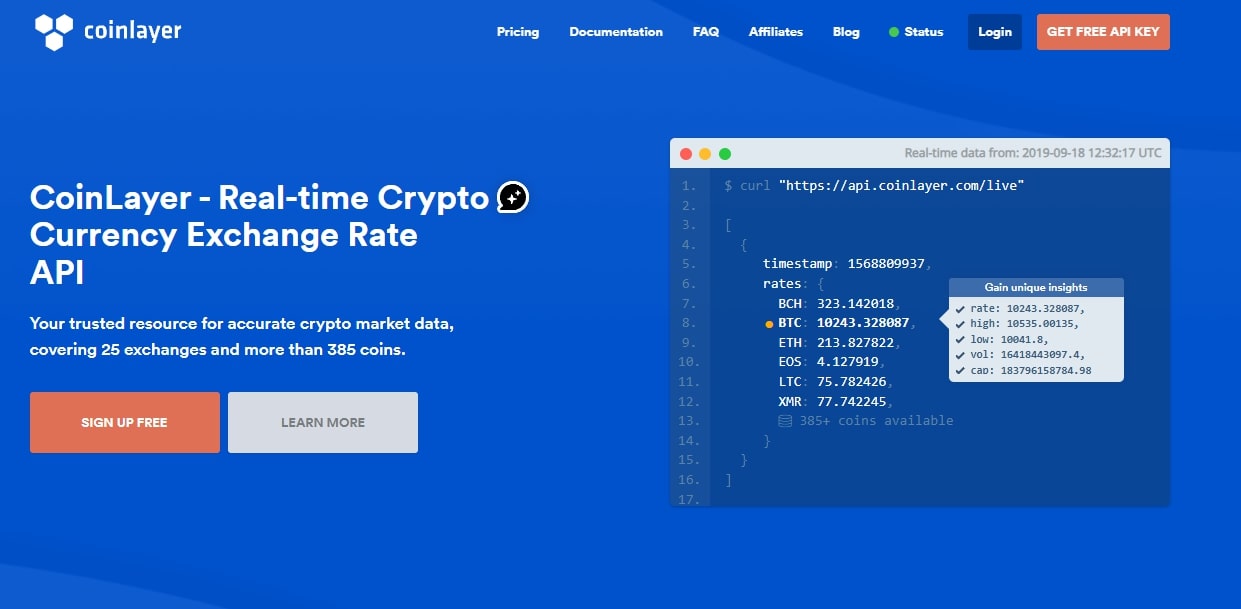 Coinlayer real-time crypto currency data API landing page.