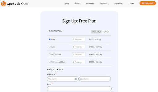 IPstack API pricing options showing the free plan with 100 monthly requests and additional features available in premium tiers