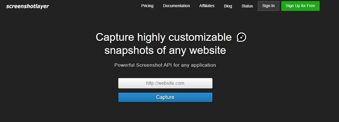 Screenshotlayer API landing page image.