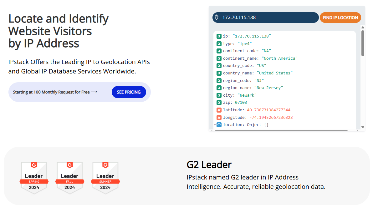 IPStack Geolocation API landing page image.