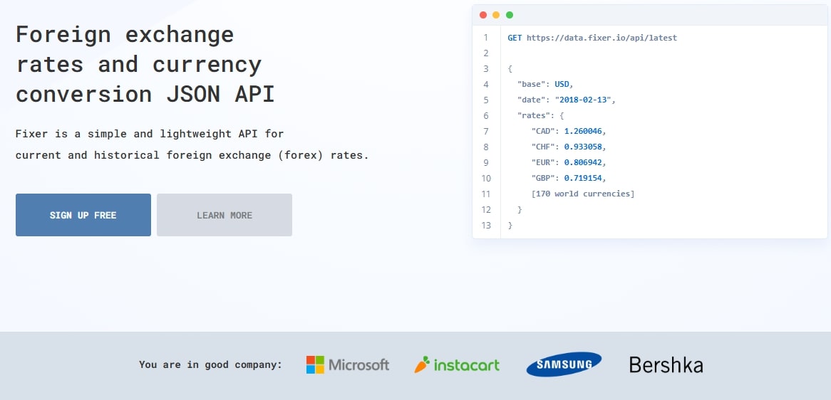 Fixer Currency API landing page image.