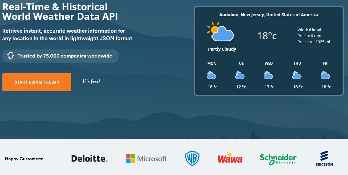 Weatherstack Weatherdata API landing page.