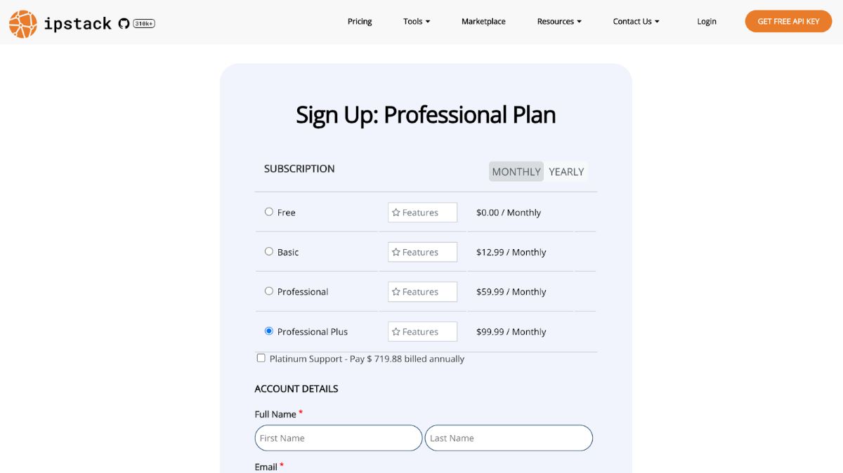 IPstack real-time fraud monitoring API sign up