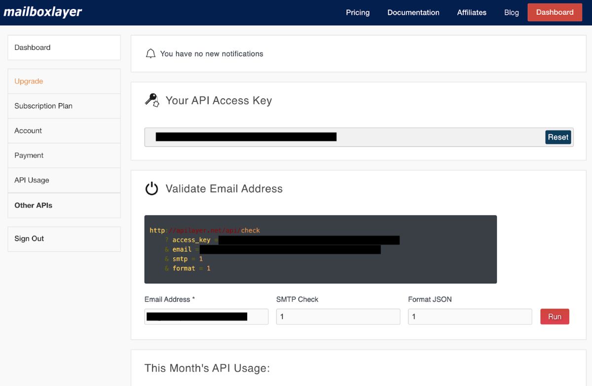 Mailboxlayer email validation API dashboard