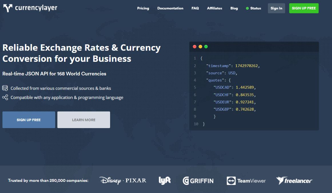 CurrencyLayer API interface showing real-time exchange rates for global currencies
