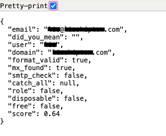 Example email validation API response