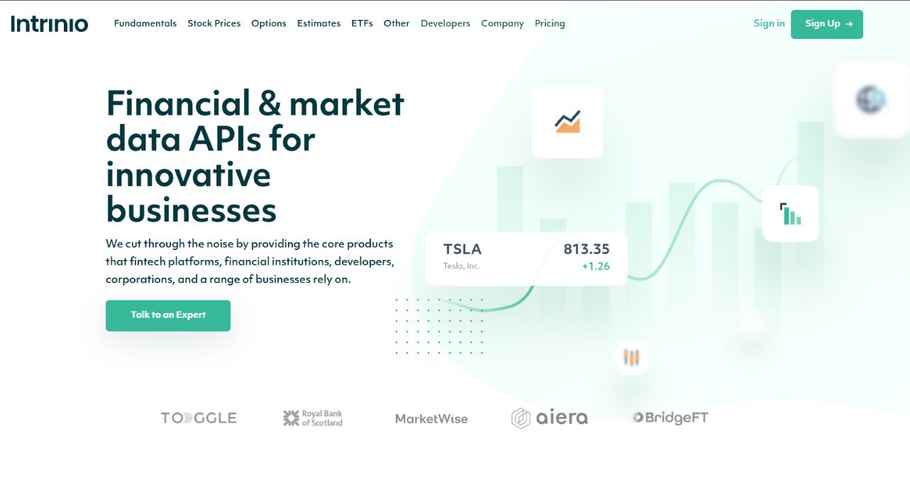 Intrinio API dashboard showcasing financial statements and valuation metrics for equity analysis